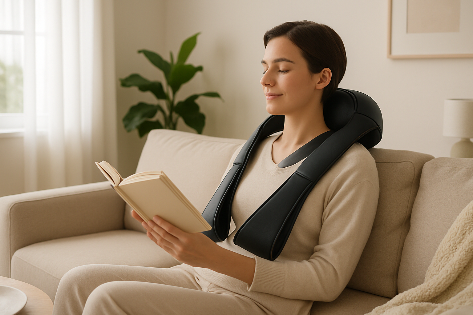 	A calm, modern home setting with a young adult using a neck and shoulder massager while reading or relaxing on the couch. Soft natural light, cozy minimalist space, neutral colors, showing peace and wellness.
	Include a focus on body posture, comfort, and lifestyle calm. The person should look relaxed and stress-free, representing modern at-home wellness.
