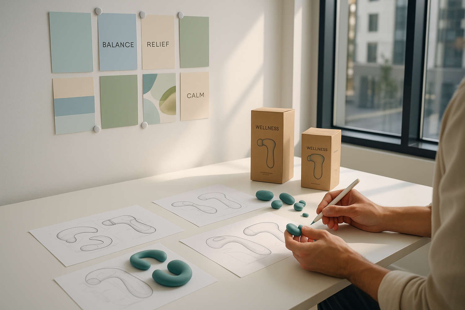 	A timeline-inspired scene: a workspace with design sketches of a massager, packaging mockups, and hands refining product parts. Background includes a moodboard with calming colors and wellness brand words (like “relief”, “balance”, “calm”). Clean desk setup, daylight, modern startup energy.
