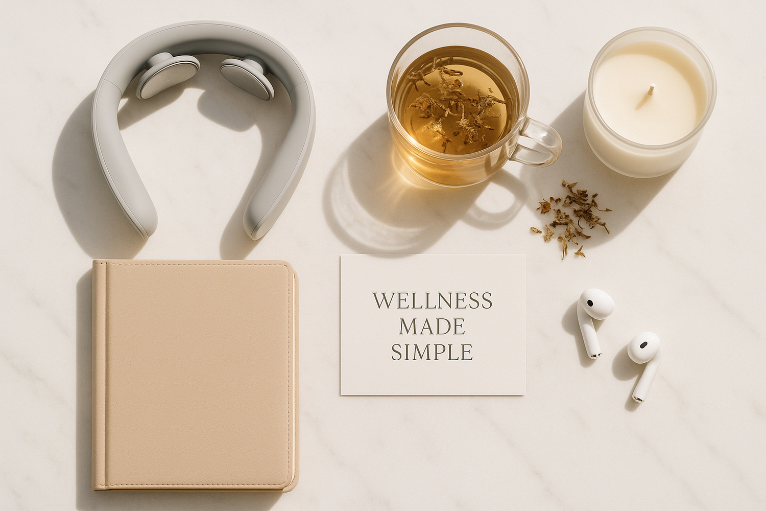	Flat lay of premium self-care essentials on a clean surface: a neck massager, journal, herbal tea, scented candle, and earbuds. Neutral tones with soft shadows. Minimal, elegant, and warm. A brand card saying "Wellness Made Simple" is subtly included.
	The overall feel is premium, calming, and intentional.
