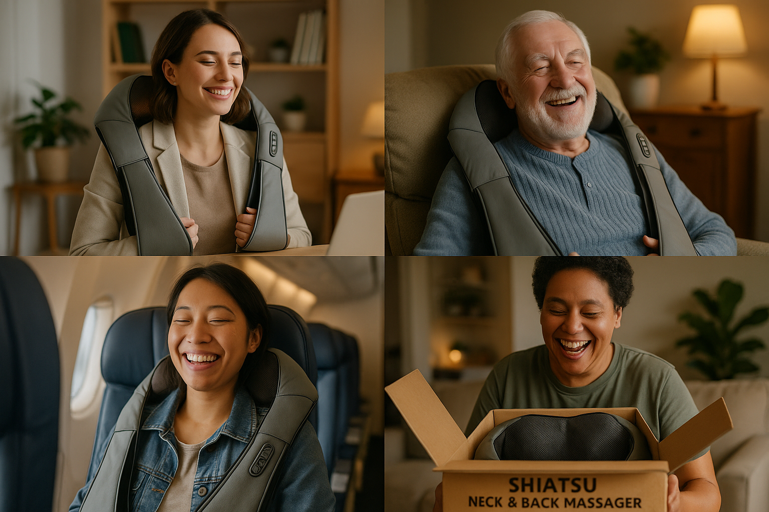 	Group of diverse people smiling while using or unboxing the same wellness product (Shiatsu neck & back massager) at home, in office, or while traveling. Natural expressions, warm lighting, soft background blur. Represents community, trust, and self-care. The vibe is authentic and welcoming, not staged.
